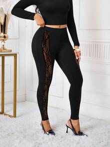 SHEIN Lady Women's Elastic Waist Contrast Lace Leggings - Black - View 3