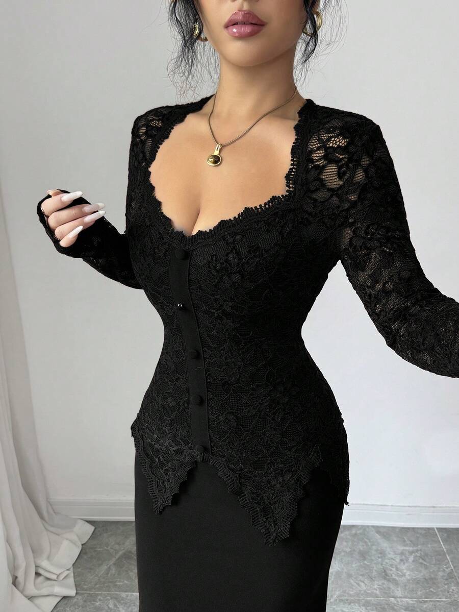 Modelyn Square Neck Lace Patchwork Button Waist Fitted Midi Dress For Women - Black - View 1