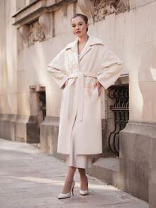 SHEIN X Jwoww Anewsta Elegant Long Coat With 3D Floral Beaded Embellishment - Beige - View 7