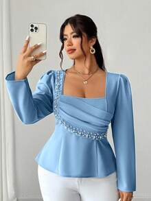 Elenzga Blusa elegante y romántica de manga larga, cuello cuadrado, cintura ceñida y decoración de perlas para mujer talla grande, para primavera/otoño - Azul - Ver 1