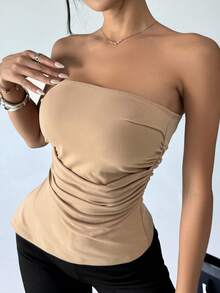 Comfortcana Women's Solid Color Pleated Strapless Top,Ladies Casual Ruched Strapless Slim Fit Khaki Plain Women Tops,Spring/Summer,Casual Daily Wear - Khaki - View 5