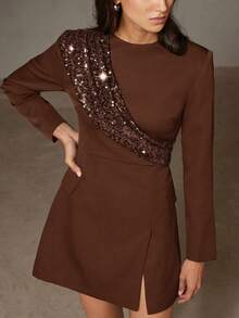 Aveloria Rosie Abito lungo con maniche, in stile europeo versatile per autunno/inverno, con patchwork e paillettes alla moda per feste - Caffè Marrone - Visualizzare 5