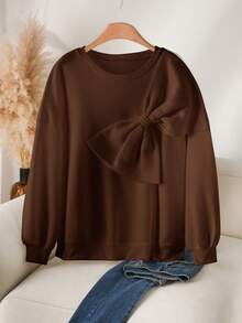 CosyJoli Plus Size Women's Solid Color Bow Decor Round Neck Drop Shoulder Long Sleeve Loose Casual Sweatshirt, Winter Clothes For Women - Brown - View 1
