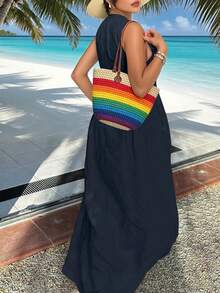 INAWLY Solva Đầm không tay khóa kéo phía trước mùa hè cỡ lớn - Màu xanh hải quân - Xem 2