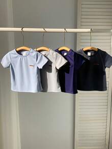 SHEIN 4pcs/Set Unisex Baby Basic Solid Color Crew Neck Short Sleeve T-Shirt Knit Tops Set, Comfortable Casual Versatile Suitable For Spring/Summer Indoor Daily And Outdoor Activities