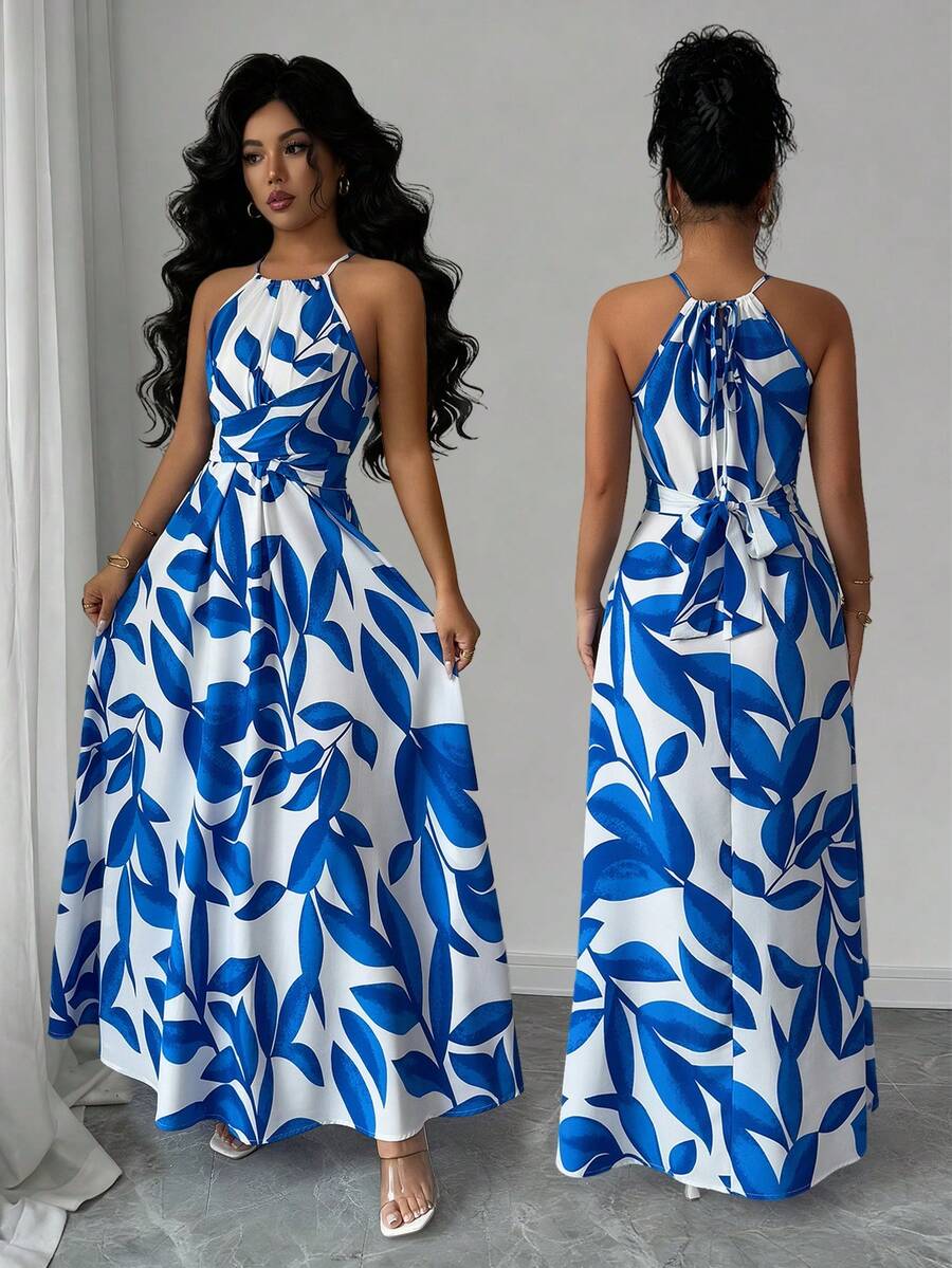 Elenzga 女士蓝色叶子印花面料抽绳领口系带设计腰部交叉后背系带A字飘逸连衣裙，优雅时尚，适合情人节派对、旅行、度假、街头、海滩、春夏穿着。 - 藍白色 - 查看 1