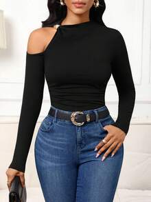 SHEIN Lady Women's Fashionable Off-Shoulder Solid Color T-Shirt, Suitable For Commuting, Autumn Black Tops Women Long Sleeve Tops One Shoulder Top Fitted Tops Women Sexy Black Tops - Black - View 9