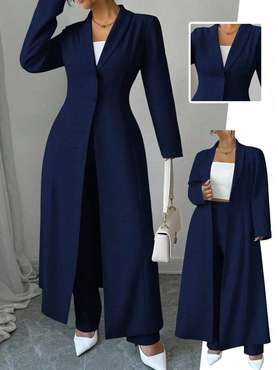 SHEIN Tall CURVE Bộ 2 món Elenzga cỡ lớn cho nữ, màu trơn, cổ cài nút, áo khoác dài và quần dài - Màu xanh hải quân - Xem 1