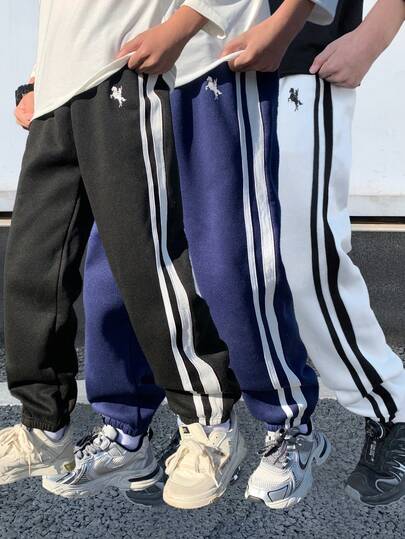 SHEIN 3pcs/Set Boys' Casual Comfortable Double Webbing Drawstring Loose Solid Color Pants Tracksuit, Black, White, Blue, Y2K Style, Suitable For School, Sports, Family Gathering, New Year, Vacation, Formal Occasions, Spring, Summer, Fall, Winter