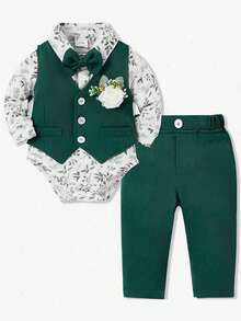 Souflis Souflis 3pcs Baby Boy Gentleman Suit, Long Sleeve Vest Jacket Set, Autumn Winter - Dark Green - View 4