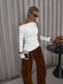 MUSERA Top con cuello asimétrico, bajo asimétrico, drapeado lateral, estilo urbano, lindo, elegante, casual, sexy, para salir, color toffee, para San Valentín, primavera, verano - Blanco - Ver 5