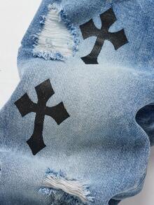 年轻男孩白色十字图案黑色做旧宽松牛仔裤 - 淺色水洗藍 - 查看 3