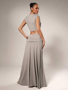 Hauture Bộ đồ công sở 2 món cho nữ đi chơi gồm áo crop top nhún bèo và chân váy maxi cạp trễ - Bụi tím - Xem 2