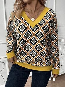 EMERY ROSE Áo nỉ dài tay cổ chữ V họa tiết lông thú giả kẻ caro cỡ lớn dành cho nữ, Xuân/Thu - Nhiều màu - Xem 3