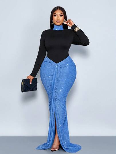 SOLERSUN Plus Size Women's Cocoon Wrap Design Solid Blue And Black Contrast Knitted Fabric High Collar Long Sleeves V-Waist Hip Pleated Hem Slit Tight Elegant Long Dress, Diverse Design Fashion Sense Solid Color Patchwork Dress, Hip Fitting, Cocoon Hem, Suitable For Casual Commuting Or Music Festivals, Parties, Daily Wear, Christmas, New Year, Graduation Dress, Concert, Prom Dress, Etc., Spring, Fall, Winter