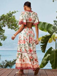 Travachic 女士碎花V领荷叶袖镂空腰部荷叶边下摆连衣裙，浪漫度假风，夏季 - 粉色 - 查看 2