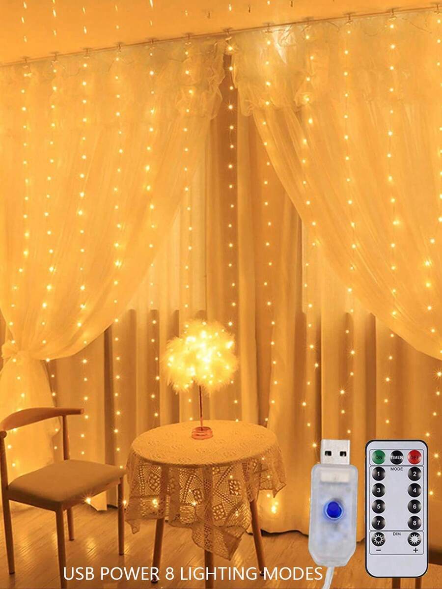 1条100/200/300颗LED灯珠，3*3米/3*2米/3*1米，USB供电，8种灯光模式，铜线窗帘装饰灯串，带遥控器，适用于家居卧室窗户装饰、墙面装饰、节日活动装饰、婚礼装饰、求婚现场装饰道具、圣诞节室内装饰灯串、户外装饰灯串。