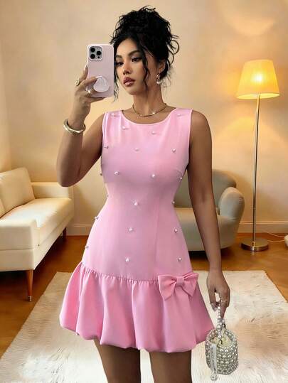 Elenzga Women's Sweet Elegant Pearl Bow Decor Ruffle Hem Fitted Party Dress, Pink