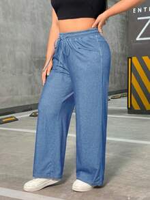 Flexra Celana Jeans Kasual Ukuran Besar Warna Polos dengan Pinggang Elastis Berpilin - Light Wash - View 4