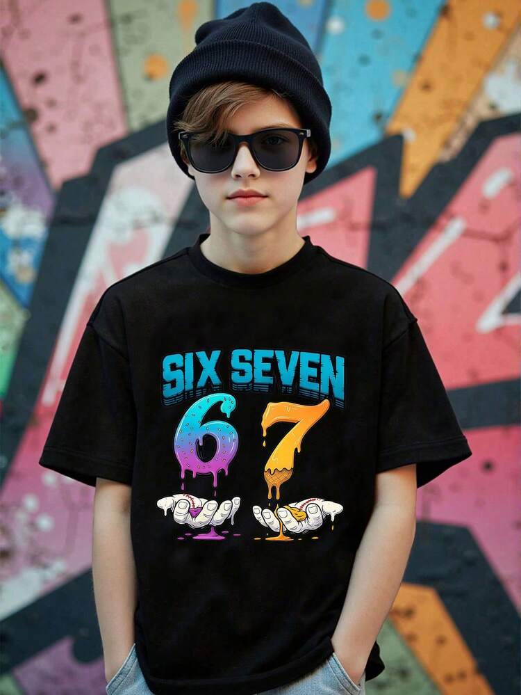 Tween Boy Casual 67 Number SIX SEVEN Graphic Short Sleeve Round