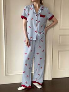 Napfluff 撞色蝴蝶结条纹印花翻领红色纽扣短袖上衣和裤子睡衣套装，春夏服装，蓝色条纹睡衣套装 - 藍色 - 查看 6