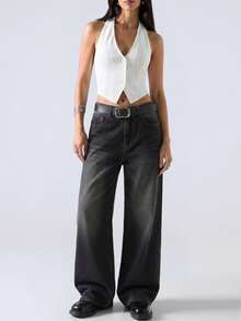 LYSMO 女士夏季純色單排釦背心上衣，配露背頸帶設計 - 白色 - 查看 5