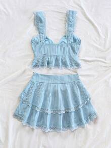 Soleia 女士度假两件套：编织波浪纹理宽肩带背心，搭配荷叶边和抽绳流苏，搭配双荷叶边蕾丝下摆迷你裙。适合派对、情人节、约会、城市街头、度假、下午茶 - 淺藍色 - 查看 2