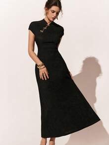 Poéselle Đầm dài vừa phải tay bồng trang trí khóa kim loại thanh lịch cho nữ - màu đen - Xem 7