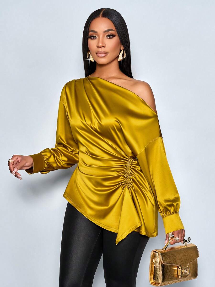 SOLERSUN 秋季女式衬衫上衣 秋季女装 冬季女装 感恩节女装 返校季 教师款亮面芥末黄衬衫 优雅通勤 休闲派对 秋冬长袖女装 - 芥末黃 - 查看 1