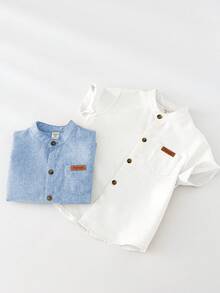 SHEIN Set de 2 camisas de manga corta con cuello mao de unicolor básico para niño, versátil y casual, adecuado para fiesta de cumpleaños, evento de noche, actuación, boda, baby shower, celebración del 1er cumpleaños - Multicolor - Ver 3