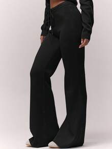 MUSERA 针织抽绳腰阔腿休闲裤，复古乡村风，奶油糖色，优雅晚宴派对必备，适合冬春夏三季穿着。 - 黑色 - 查看 3