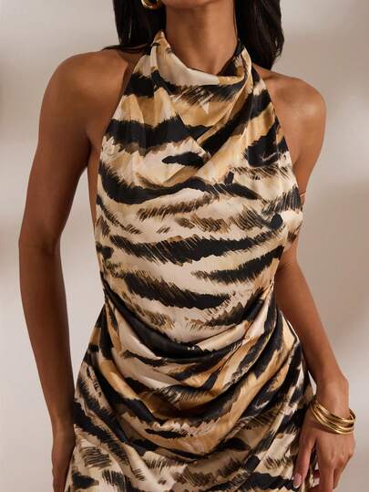 Opulessa Spring/Summer Valentine's Day Beach Women's Printed Off-Shoulder Backless Mini Dress, Suitable For Spring/Summer Vacation Tiger Print Dress, Spring To Summer, Valentine's Day, Carnival Costume, Elegant Dresses For Party, Beach Outfit, Wedding Guest Dresses, Summer Vacation Outfits,Casual Dress