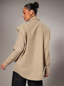 Hauture Tie Front Exaggerated Shoulder Striped Shirt - Apricot - View 2