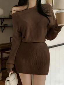 DAZY 女士露肩/斜肩修身迷你连衣裙，秋冬季款 - 棕色 - 查看 4