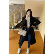 Conjunto de Dos Piezas Gabardina Larga con Botones y Top Básico Blanco para Mujer Dama Sexy Casual Otoñal Lindo Elegante - Negro - Ver 1