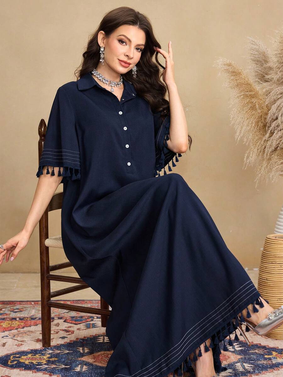 Al Najma Đầm ngắn tay cổ sơ mi tua rua phong cách Ả Rập giản dị dành cho nữ - Màu xanh hải quân - Xem 1