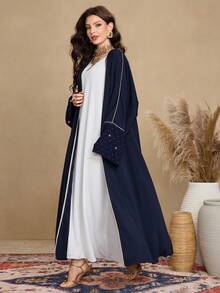 Al Najma Váy Abaya Ả Rập rộng rãi thời trang cổ điển dành cho nữ, thêu chấm vàng, chắp vá, viền vàng - Màu xanh lam - Xem 6