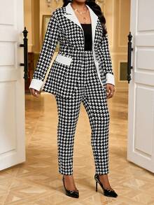 Fleurora Spring And Summer Autumn And Winter Elegant Commuting Office Black And White Houndstooth Knitted Lapel Button Long Long Sleeve Plus Size Suit Winter Clothes For Women Winter Dress Women's Winter Dress Winter Dress Women Winter Outfit For Women Elegant Women's Set Women's Formal Wear Plus Size Women's Elegant Houndstooth Suit Set - Black and White - View 3