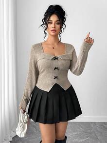 Elenzga 秋季加大码休闲修身T恤，饰有蝴蝶结 - 杏色 - 查看 7