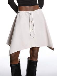 LYSMO 2025 Women's Minimalism White Autumn Casual Skirt,Solid Color Asymmetric Hem Twist Front Belt Tie Skirt,Winter Date Christmas New Year Look Skirts - Grey - View 6
