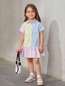 SHEIN Toddler Girls Vertical Striped Colourblock Dual Pocket Ruffle Hem Smock Dress - Multicolor - View 5