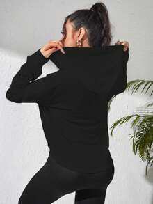 Velisys Veste de sport à capuche à fermeture éclair et cordon de serrage, manches longues, épaules tombantes, couleur unie pour femmes - Noir - Voir 4