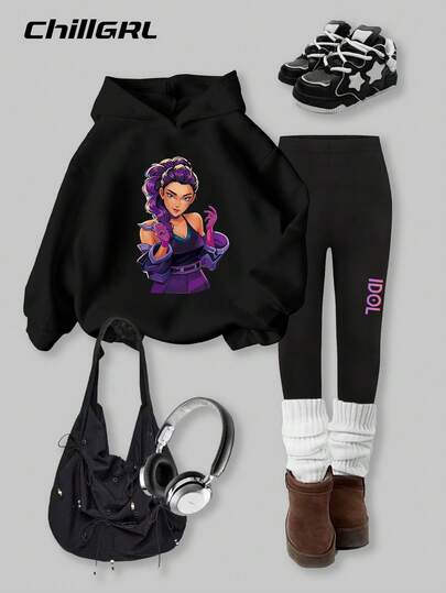 Sparklyn Ensemble sweat-shirt à capuche et leggings inspiré du Kpop/K-Drama pour préadolescentes, imprimé style coréen mignon, convient pour les concerts et les moments de jeu