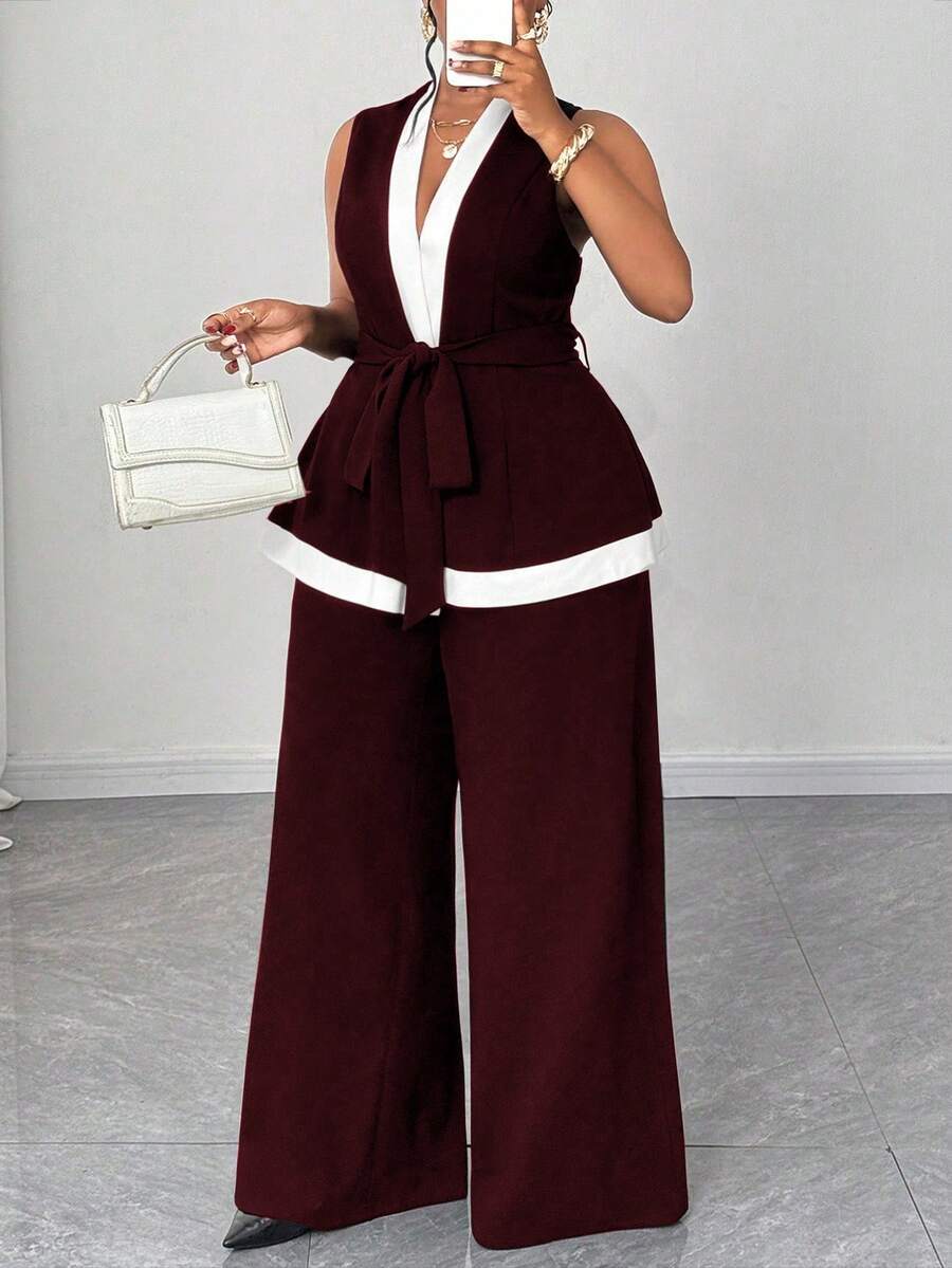 Maweii Conjunto de 2 piezas sin mangas en blanco y negro con patchwork, elegante para ir al trabajo, talla grande - Burdeos - Ver 1