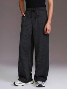 STYNVO 男士抽绳腰带口袋阔腿宽松休闲运动裤黑色宽松裤男士亚麻裤男士黑色宽松裤男士宽松服装 - 黑色 - 查看 4