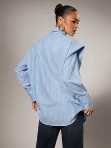 Hauture 系带前襟夸张肩部条纹衬衫 - 藍色 - 查看 2