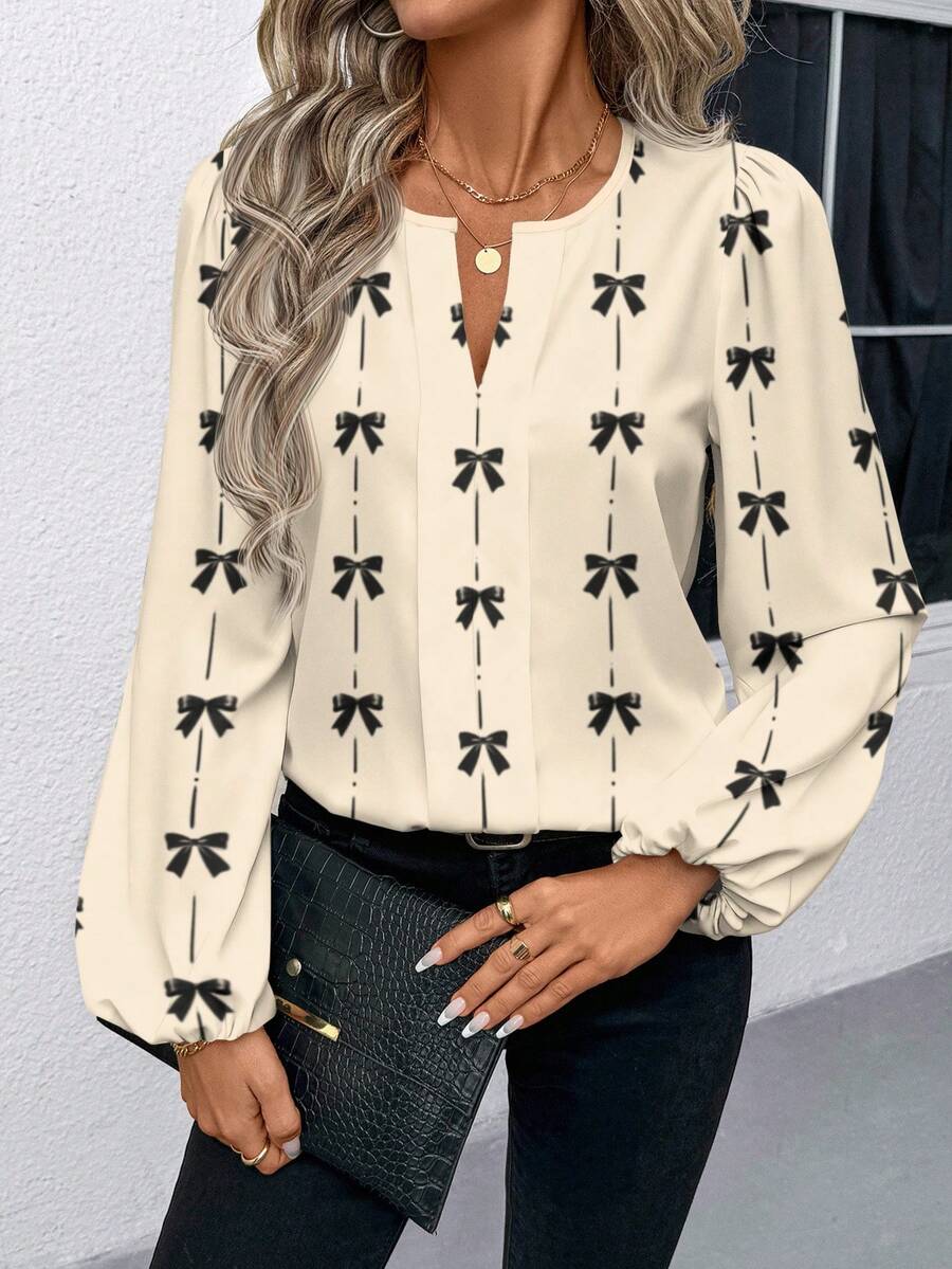 EMERY ROSE 休闲复古优雅通勤百搭保暖可爱卡其色蝴蝶结印花V领长泡泡袖女式衬衫，适合春秋季穿着，舒适百搭。 - 彩色 - 查看 1