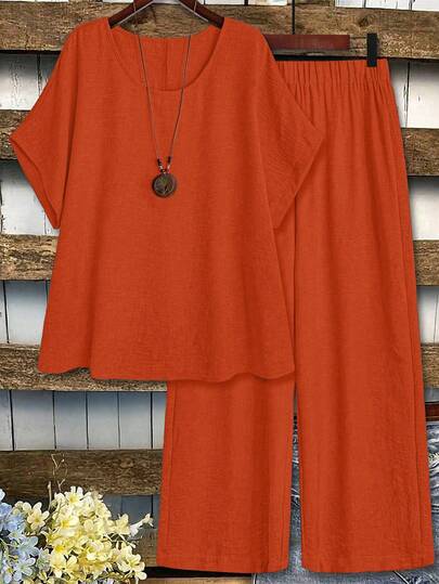 EMERY ROSE Plus Size Summer Casual Solid Color Round Neck Short Sleeve T-Shirt And Pants 2-Piece Set Orange Two Piece Set Two Piece Set Women Comfy 2 Piece Linen Sets Woman Cotton 2 Piece Set Comfortable Two Piece Set