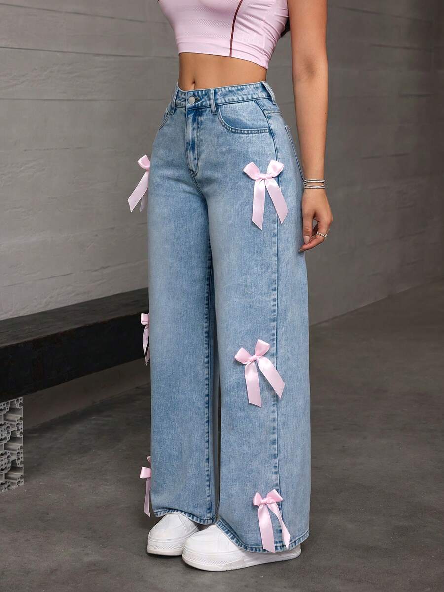 SHEIN ICON 女士蝴蝶结装饰口袋阔腿宽松休闲牛仔裤 - 淺色水洗藍 - 查看 1