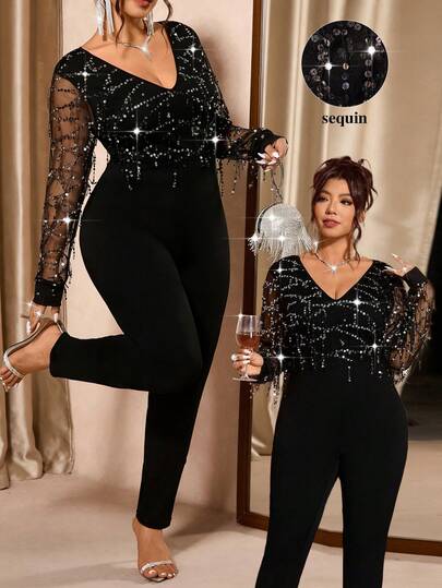 Cravure Salopetă cu decolteu în V și paiete plus size